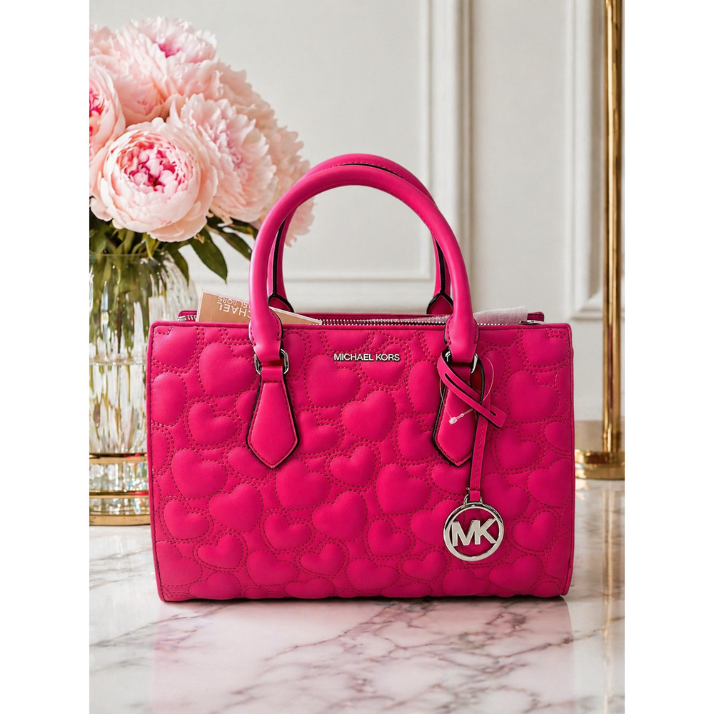 NWT Michael Kors Sheila Medium Satchel Embroider Heart Pink Hand Bag Purse